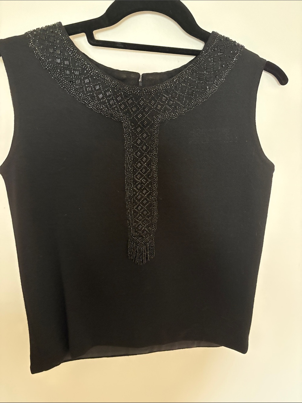 Vintage Sleeveless Black Beaded Shell Wool Made in Italy  Top 1960's
